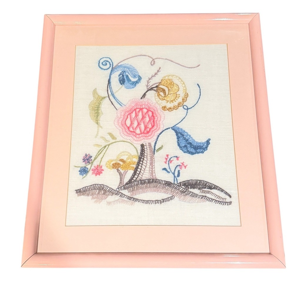 Vintage Crewel Embroidery Floral Wall Art Pink 17"x 19"  Frame Hand Stitched